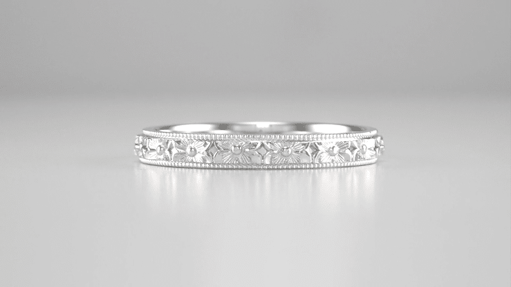 Antique Edwardian Pansy Flowers Sculptural Platinum Wedding Band - 3mm - Item: R1234P - Image: 5