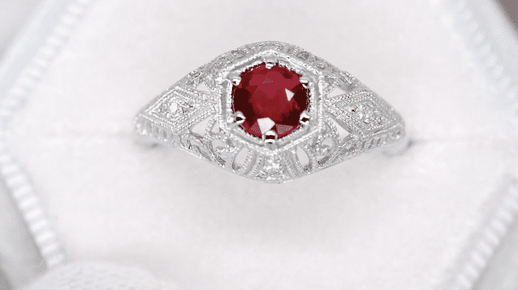 Edwardian Ruby and Diamonds Scroll Dome Filigree Engagement Ring in 14 Karat White Gold - Item: R471 - Image: 6