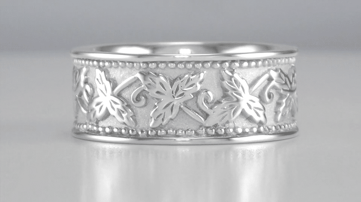 Grapes and Grape Leaves Heavy Wide Wedding Band in 14K White Gold - 8mm Wide - Item: R806 - Image: 4