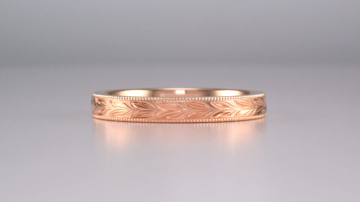Antique Style Hand Engraved Hawaiian Maile Leaves Wedding Band in 14 Karat Rose Gold - 3mm Wide - Item: R719R - Image: 7