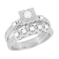 Retro Mid Century Modern Platinum Lucky Clover Diamond Engagement Ring & Wedding Band Set