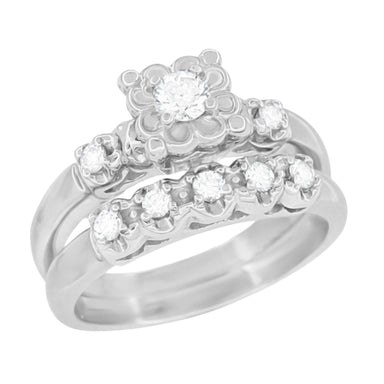 Retro Mid Century Modern Platinum Lucky Clover Diamond Engagement Ring & Wedding Band Set