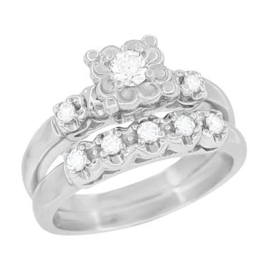 Retro Mid Century Modern Platinum Lucky Clover Diamond Engagement Ring & Wedding Band Set