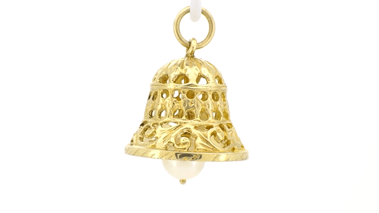 Movable Filigree Bell Charm with Pearl in 14 Karat Gold - Item: C582 - Image: 4