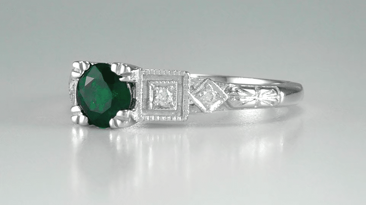 Emerald and Diamond Art Deco Engagement Ring in 18 Karat White Gold - Item: R155 - Image: 7
