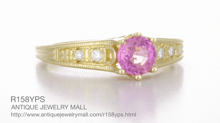 Antique Style Pink Sapphire and Diamonds Filigree Art Deco Engagement Ring in 14 Karat Yellow Gold - Item: R158YPS - Image: 8