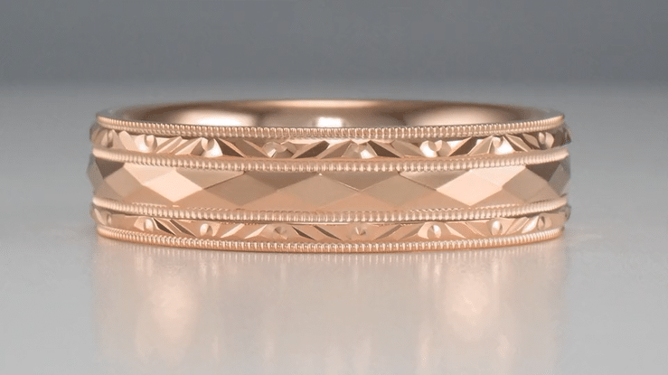 Retro Carved Kaleidoscope and Chevrons 14 Karat Rose Gold 6mm Wedding Band - Item: R859R - Image: 6