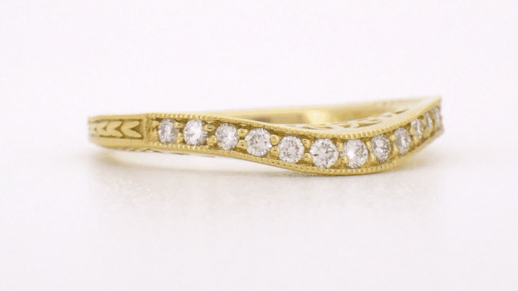 Yellow Gold Art Deco Curved Filigree and Wheat Engraved Diamond Wedding Ring - Item: WR296Y14D - Image: 4