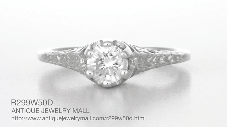 Art Deco Crown of Leaves Filigree Solitaire Diamond Engagement Ring in White Gold - Item: R299W50DK14-LC - Image: 6