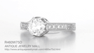 Art Deco 3/4 Carat Antique Style Engraved Crown Engagement Ring in 18 Karat White Gold