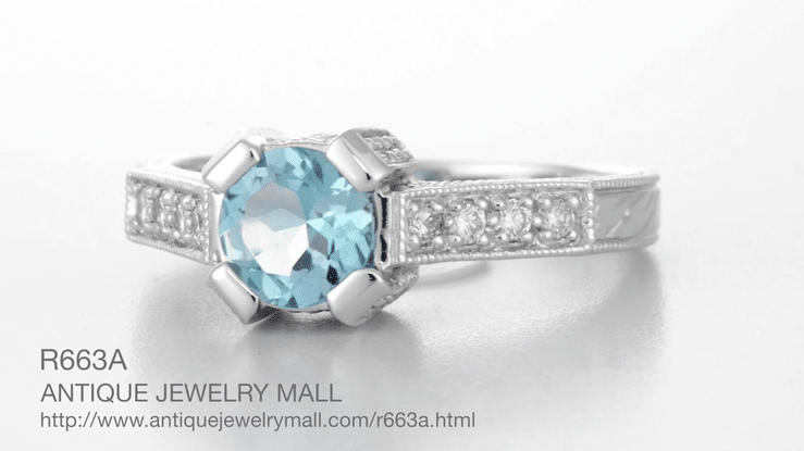 Art Deco 3/4 Carat Aquamarine Castle Engagement Ring in 18 Karat White Gold - Item: R663W14A - Image: 8