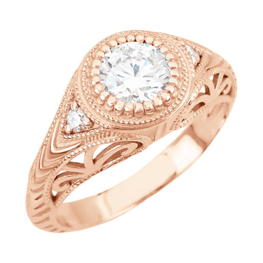Rose Gold Art Deco Low Dome Engraved Filigree 3/4 Carat Diamond Engagement Ring - alternate view