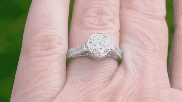 Art Deco 1 - 1.25 Carat Platinum Filigree Engraved Wheat Engagement Bezel Ring Setting - Item: R306P1 - Image: 6