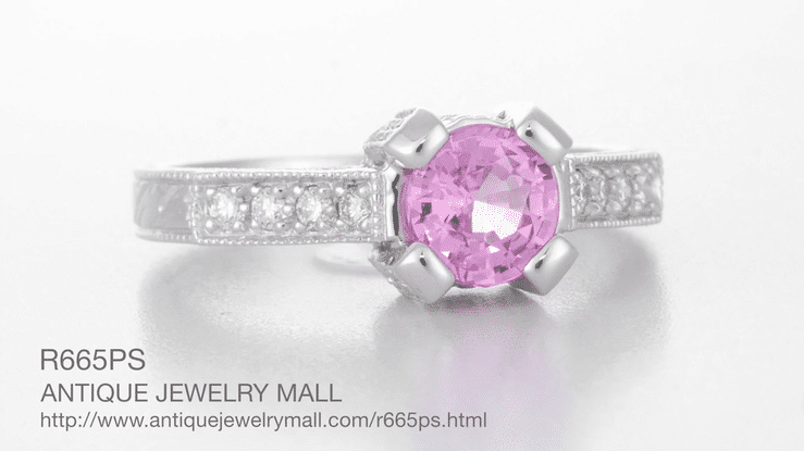 Art Deco 1 Carat Pink Sapphire Engraved Castle Engagement Ring in Platinum - Item: R665PS - Image: 8