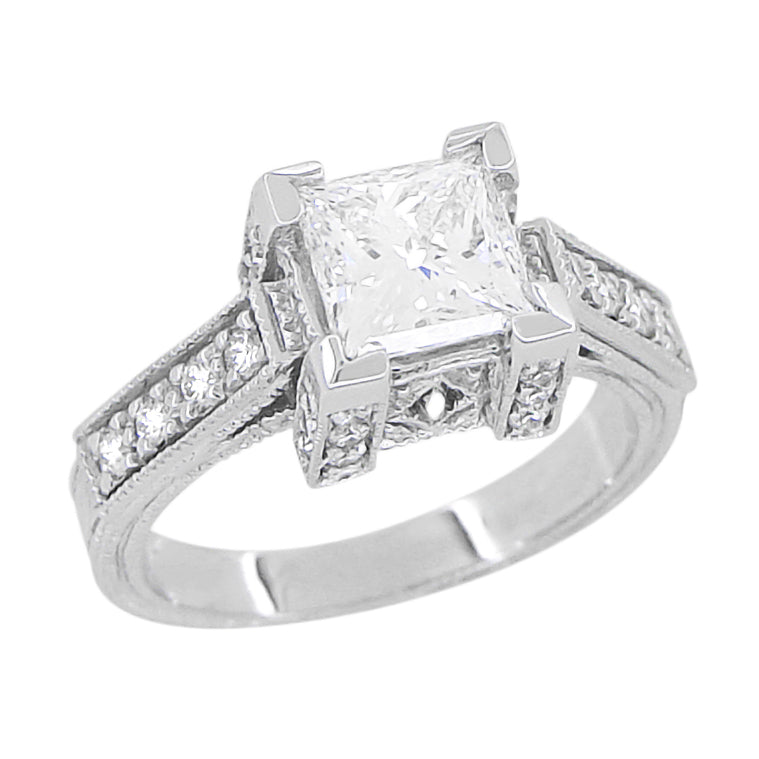 Art Deco 1.00 to 1.30 Carat Princess Cut Square Diamond Engagement Ring Setting in White Gold