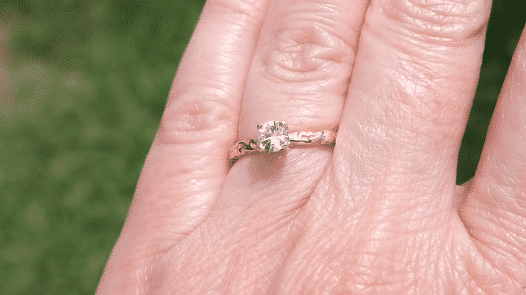 Art Deco 14 Karat Rose Gold Sculptural Scrolls White Sapphire Solitaire Engagement Ring - Item: R639RWS - Image: 7