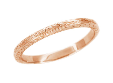 Art Deco Thin Wedding Band in 14 Karat Rose Gold with Wheat Engraving on Three Sides - 2.3mm Wide