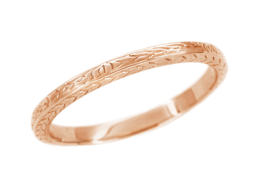 Art Deco Thin Wedding Band in 14 Karat Rose Gold with Wheat Engraving on Three Sides - 2.3mm Wide