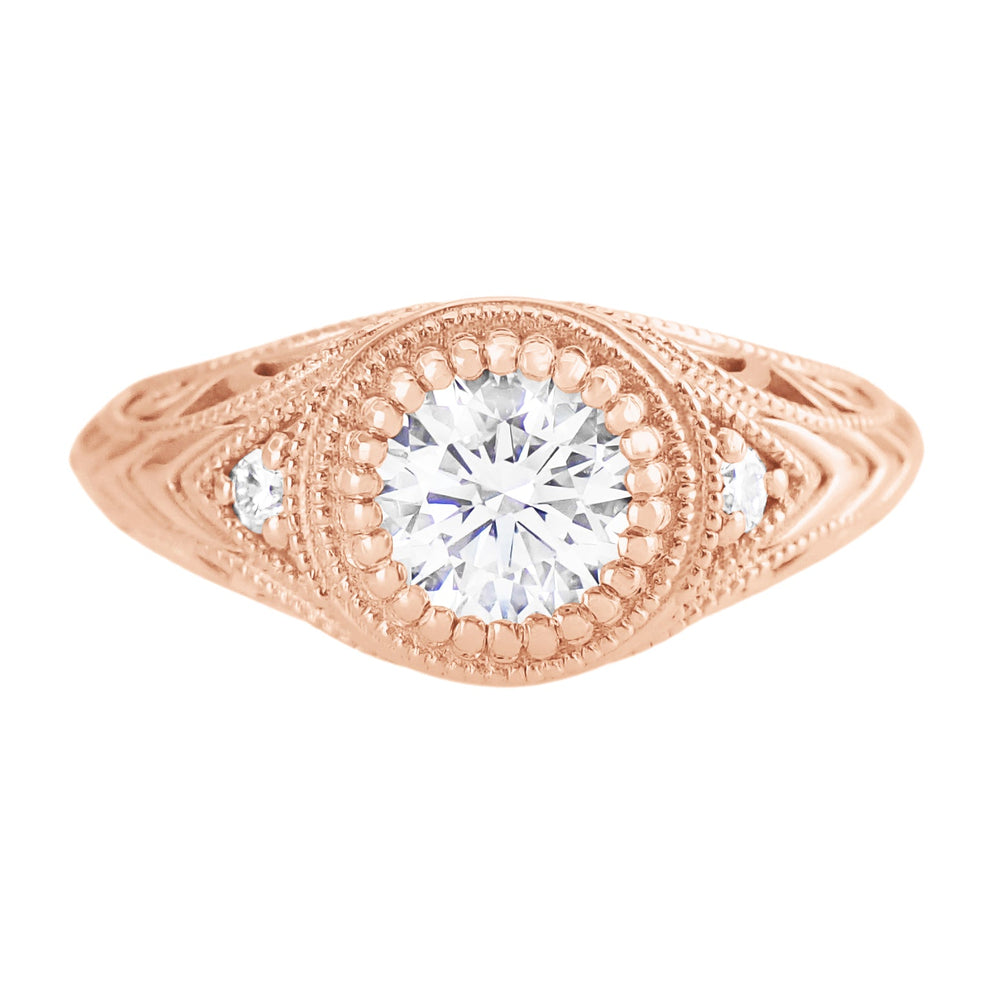 Rose Gold Art Deco Low Dome Engraved Filigree 3/4 Carat Diamond Engagement Ring - Item: R464R75-LC - Image: 3