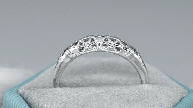 Art Deco Filigree Floral Dome Wedding Ring in White Gold - 14K or 18K - Item: WR428W - Image: 8