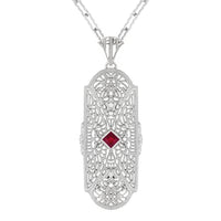 Art Deco Flowers Filigree Square Ruby Pendant Necklace in Sterling Silver with Diamonds