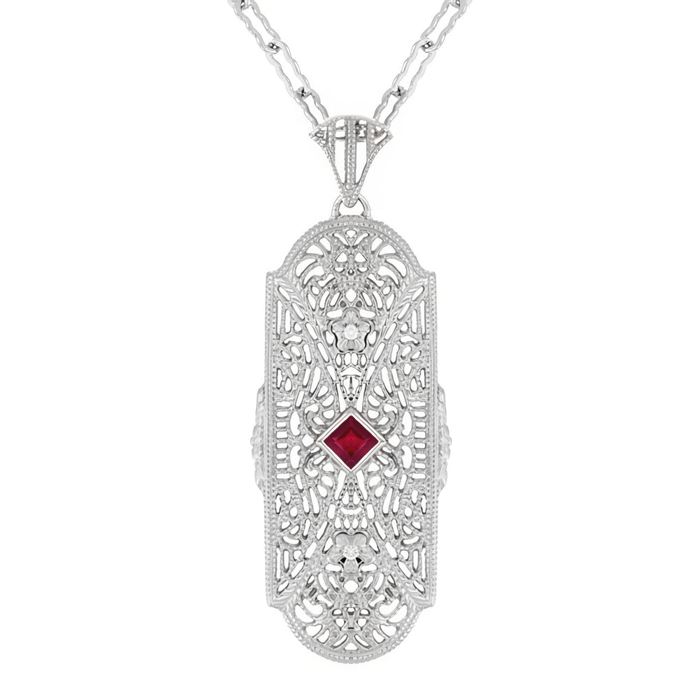 Art Deco Flowers Filigree Square Ruby Pendant Necklace in Sterling Silver with Diamonds