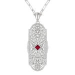 Art Deco Flowers Filigree Square Ruby Pendant Necklace in Sterling Silver with Diamonds