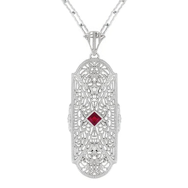 Art Deco Flowers Filigree Square Ruby Pendant Necklace in Sterling Silver with Diamonds