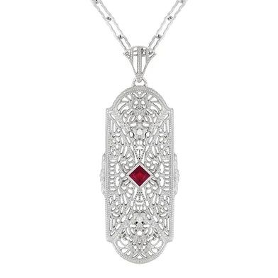 Art Deco Flowers Filigree Square Ruby Pendant Necklace in Sterling Silver with Diamonds