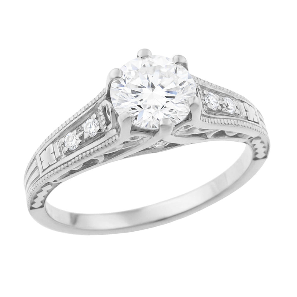Art Deco Antique 1920's Style Diamond Scroll Side Filigree Engagement Ring in 14K White Gold
