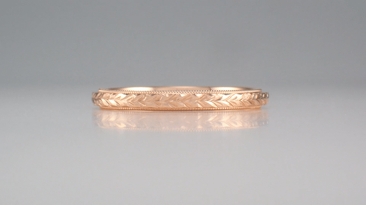 Art Deco 2.5mm Wide Hand Carved Wheat Rose Gold Antique Design Domed Wedding Ring with Milgrain Edges - Item: R652R - Image: 4
