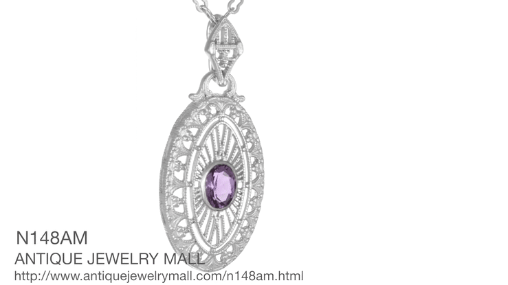 Art Deco Amethyst Filigree Oval Pendant Necklace in Sterling Silver - Item: N148AM - Image: 6