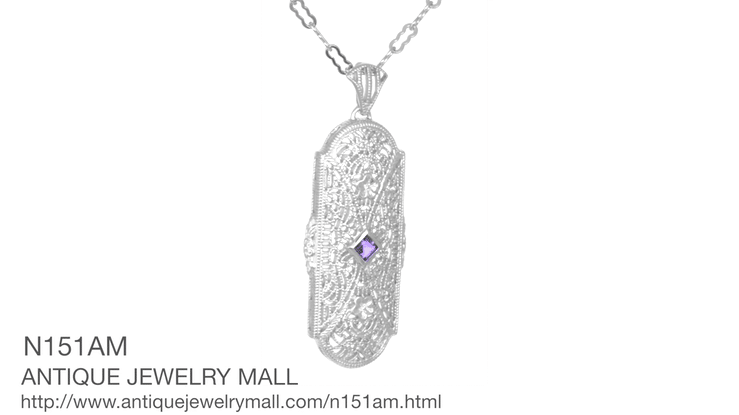 Art Deco Amethyst and Diamonds Floral Filigree Pendant Necklace in Sterling Silver - Item: N151AM - Image: 7