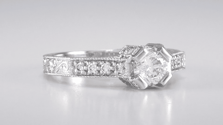 Art Deco 1/2 Carat Diamond Engraved Scrolls Castle Engagement Ring in Platinum - Item: R240PD - Image: 6