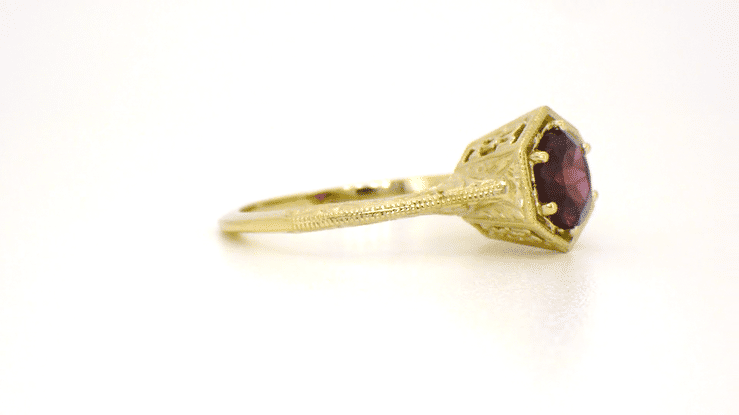 Art Deco 1.20 Carat Rhodolite Garnet Engraved Hexagon Filigree Engagement Ring in 14K Yellow Gold - Item: R180Y75G - Image: 5