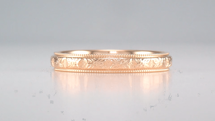 Art Deco Antique Style Dogwood Flowers Wedding Band in 14 Karat Rose ( Pink ) Gold - 3mm Wide - Item: R209R - Image: 4