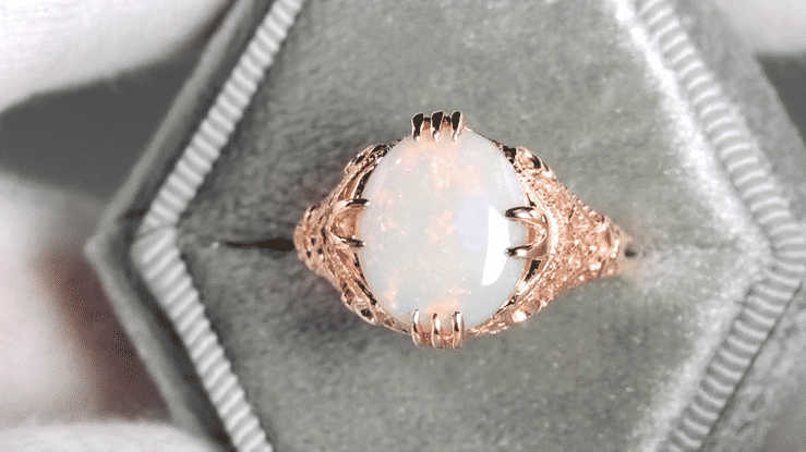 Art Deco Vintage Design Large White Opal Filigree Ring in 14 Karat Rose Gold - Item: R157R - Image: 4