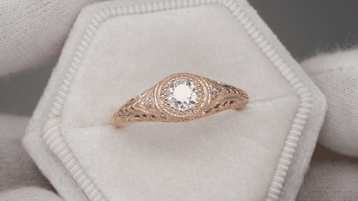 Art Deco Low Dome Filigree White Sapphire Engagement Ring in 14 Karat Rose Gold - Item: R138RWS - Image: 6