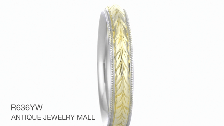 Art Deco Mixed Metals Millgrain Edge Hand Engraved Wheat Wedding Ring in 14 Karat Two Tone White and Yellow Gold - 4mm Wide - Item: R636YW - Image: 7