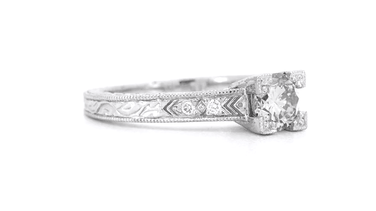 Art Deco Platinum Diamond Engagement Ring with 0.60 Carat Center Diamond in Hand Engraved Fishtail Setting - Item: R408D - Image: 7