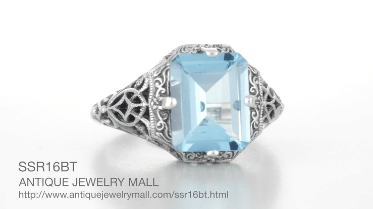 Art Deco Rectangular Blue Topaz Filigree Ring in Sterling Silver - Item: SSR16BT - Image: 5