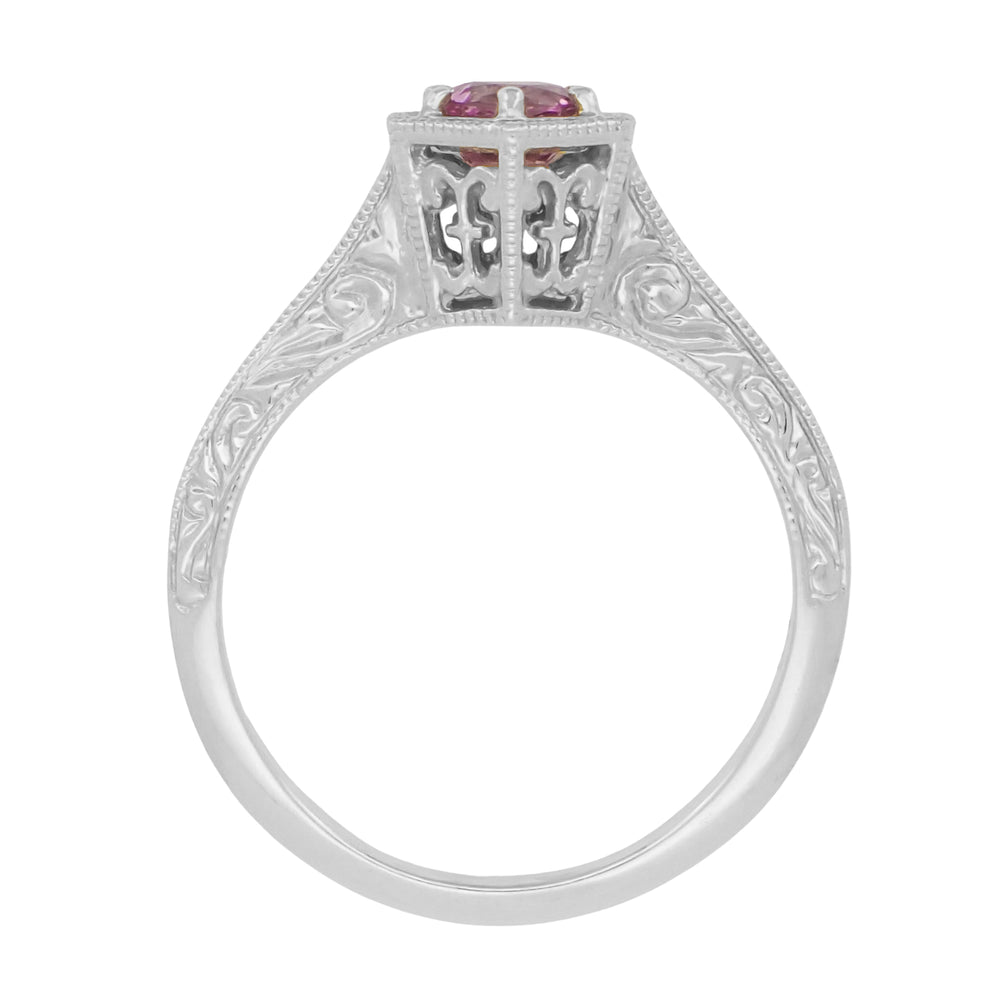 Hexagonal Art Deco Pink Sapphire Filigree Engagement Ring in 14K White Gold - Item: R180W33PS - Image: 2