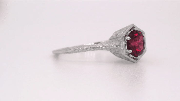 Art Deco Antique Style Filigree Hexagonal 1.20 Carat Rhodolite Garnet Engagement Ring in 14K White Gold - Item: R180W75G - Image: 5