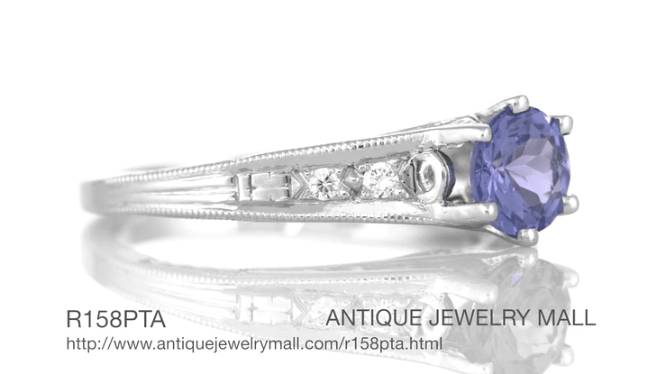 Art Deco Filigree Tanzanite Engagement Ring in Platinum with Diamonds - Item: R158PTA - Image: 8