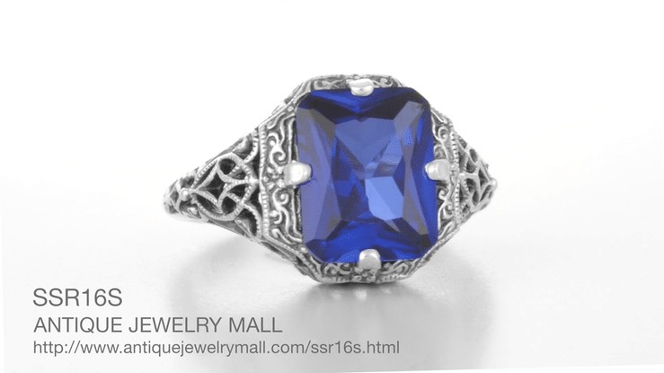 Art Deco Flowers and Leaves Lab Grown Blue Sapphire Filigree Ring in Sterling Silver - 3.75 Carats - Item: SSR16S - Image: 6