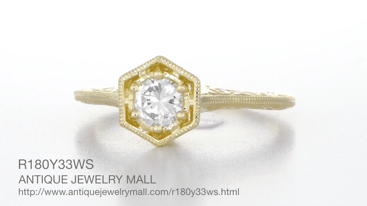 Art Deco White Sapphire Hexagonal Filigree Engagement Ring in 14K Yellow Gold - Item: R180Y33WS - Image: 4