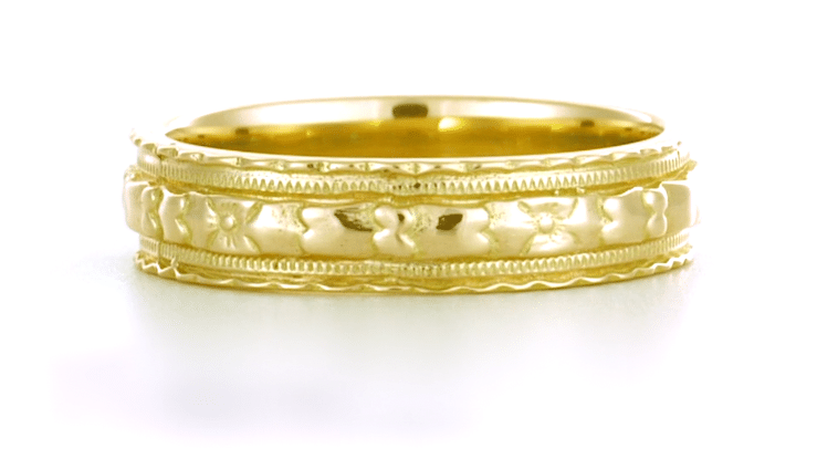 Art Deco Yellow Gold 5mm Wide Floral Carved Wedding Ring - Item: R238Y10 - Image: 3