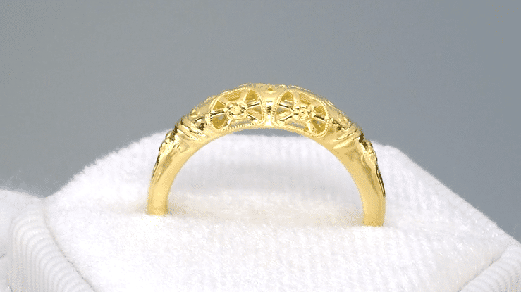 Art Deco Yellow Gold Floral Filigree Dome Wedding Ring - 14K or 18K - Item: WR428Y - Image: 8