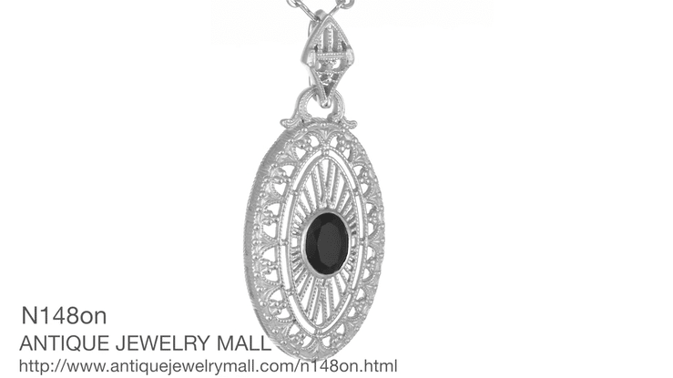Art Deco Black Onyx Filigree Oval Pendant Necklace in Sterling Silver - Item: N148on - Image: 6