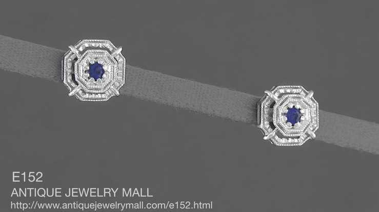 Art Deco Blue Sapphire Stud Earrings in 18 Karat White Gold - Item: E152 - Image: 6
